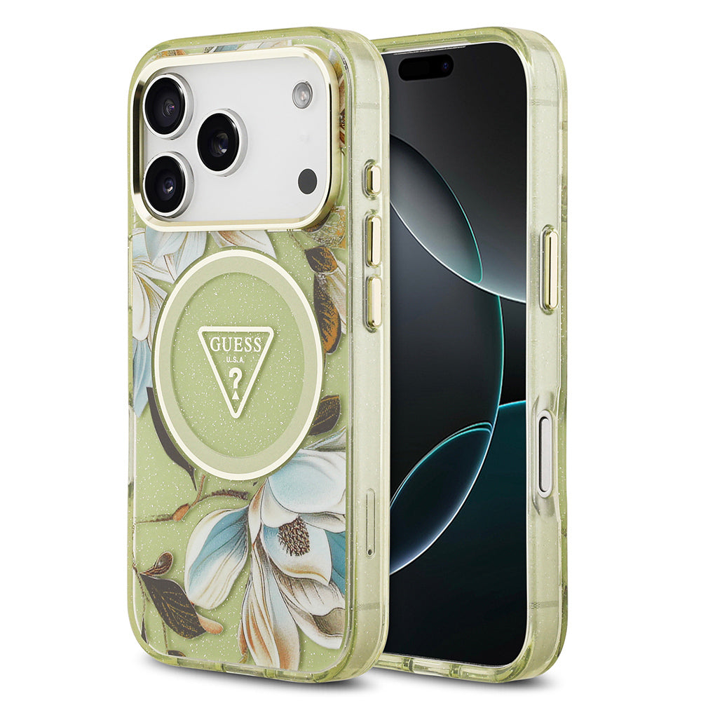 Apple iPhone 17 Pro Max Kılıf Guess Orjinal Lisanslı M-safe Şarj Özellikli Simli Çiçek Desenli Metal Kamera Çerçeveli Üçgen Logolu Kapak