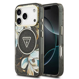 Apple iPhone 17 Pro Max Kılıf Guess Orjinal Lisanslı M-safe Şarj Özellikli Simli Çiçek Desenli Metal Kamera Çerçeveli Üçgen Logolu Kapak