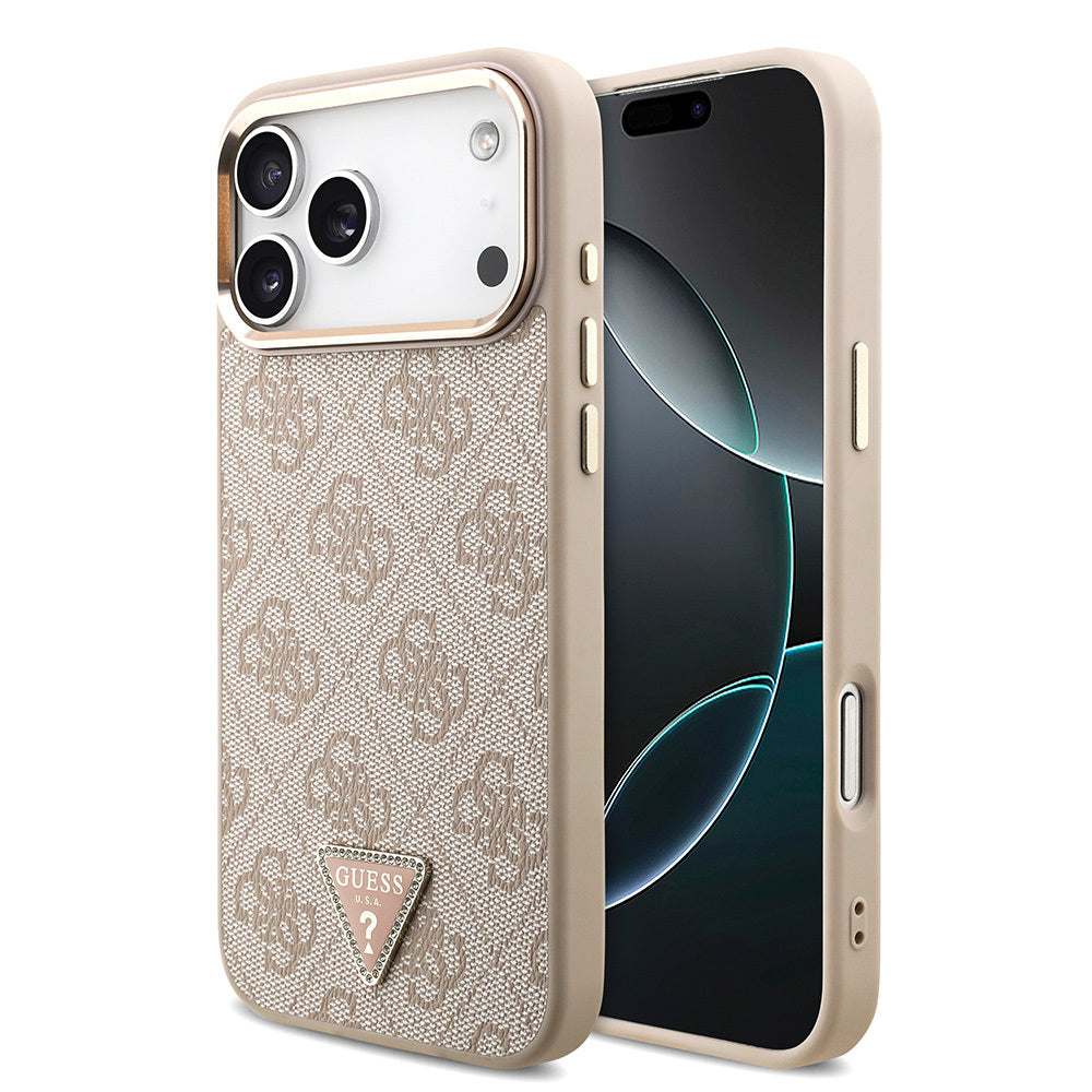 Apple iPhone 17 Pro Max Kılıf Guess Orjinal Lisanslı M-safe Şarj Özellikli Taşlı Üçgen Logo 4G Desenli Kapak