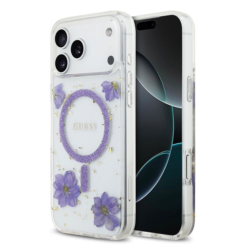 Apple iPhone 17 Pro Max Kılıf Guess Orjinal Lisanslı M-safe Şarj Özellikli Transparan Resin Flowers Kapak