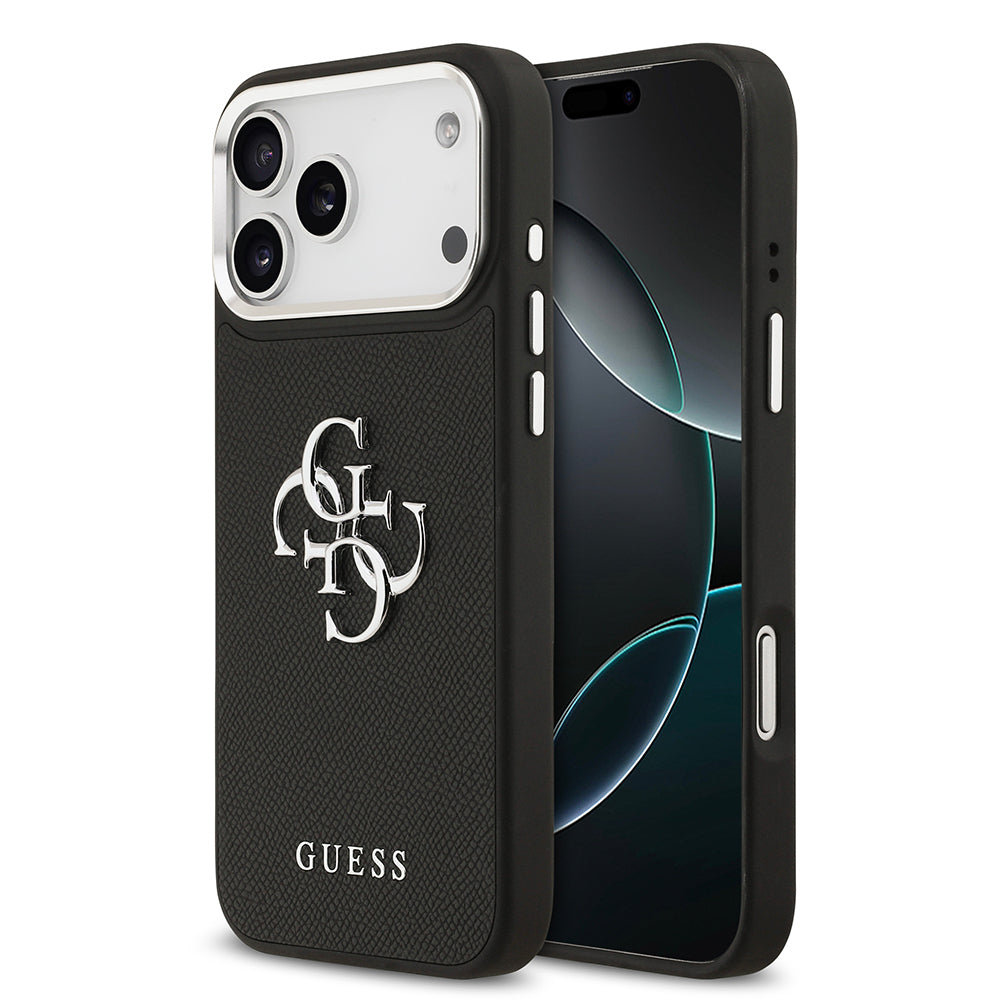 Apple iPhone 17 Pro Max Kılıf Guess Orjinal Lisanslı Metal Kamera Çerçeveli Metal Büyük 4G ve Yazı Logolu PU Deri Kapak
