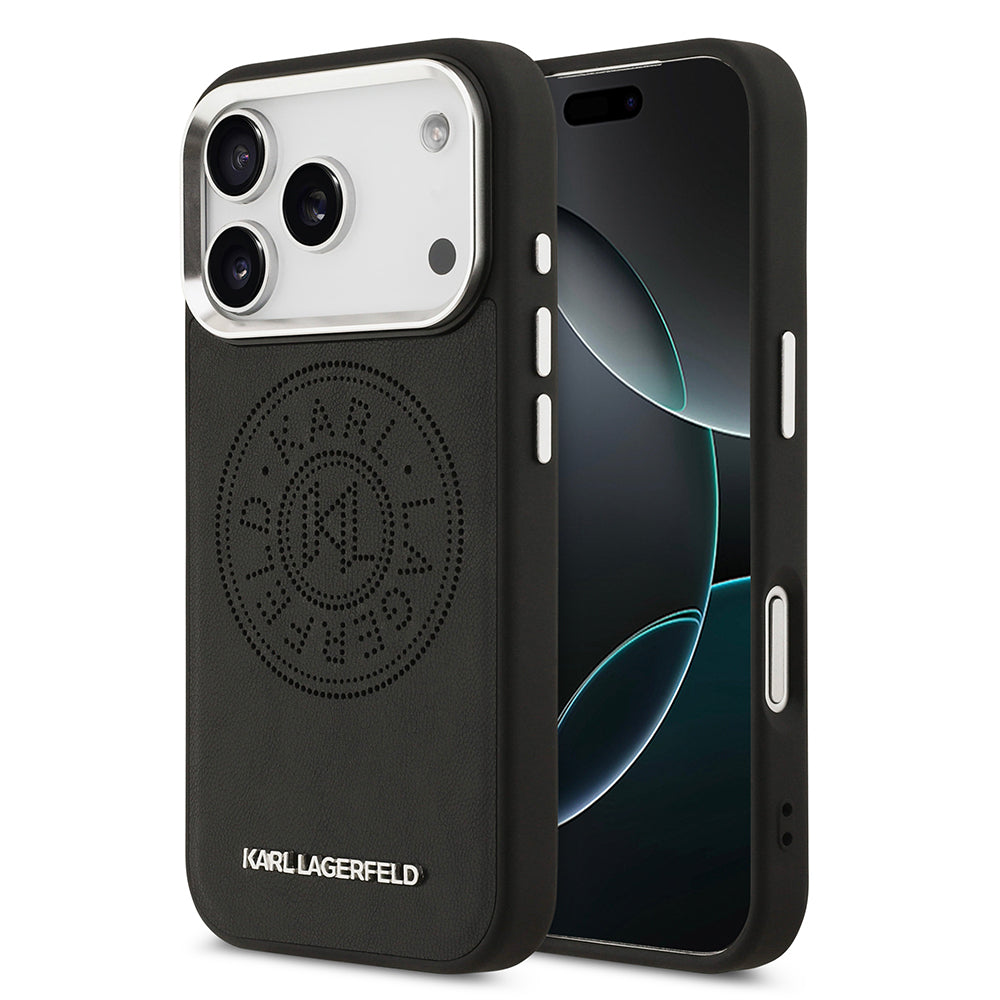 Apple iPhone 17 Pro Max Kılıf Karl Lagerfeld Orjinal Lisanslı M-safe Şarj Özellikli Delikli Tasarım Metal Logolu PU Deri Kapak