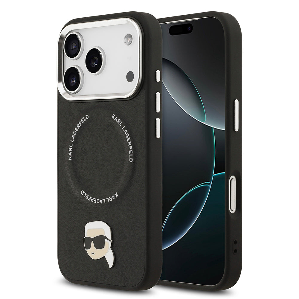 Apple iPhone 17 Pro Max Kılıf Karl Lagerfeld Orjinal Lisanslı M-safe Şarj Özellikli Metal Kamera ve Buton Tasarımlı Karl PU Deri Kapak