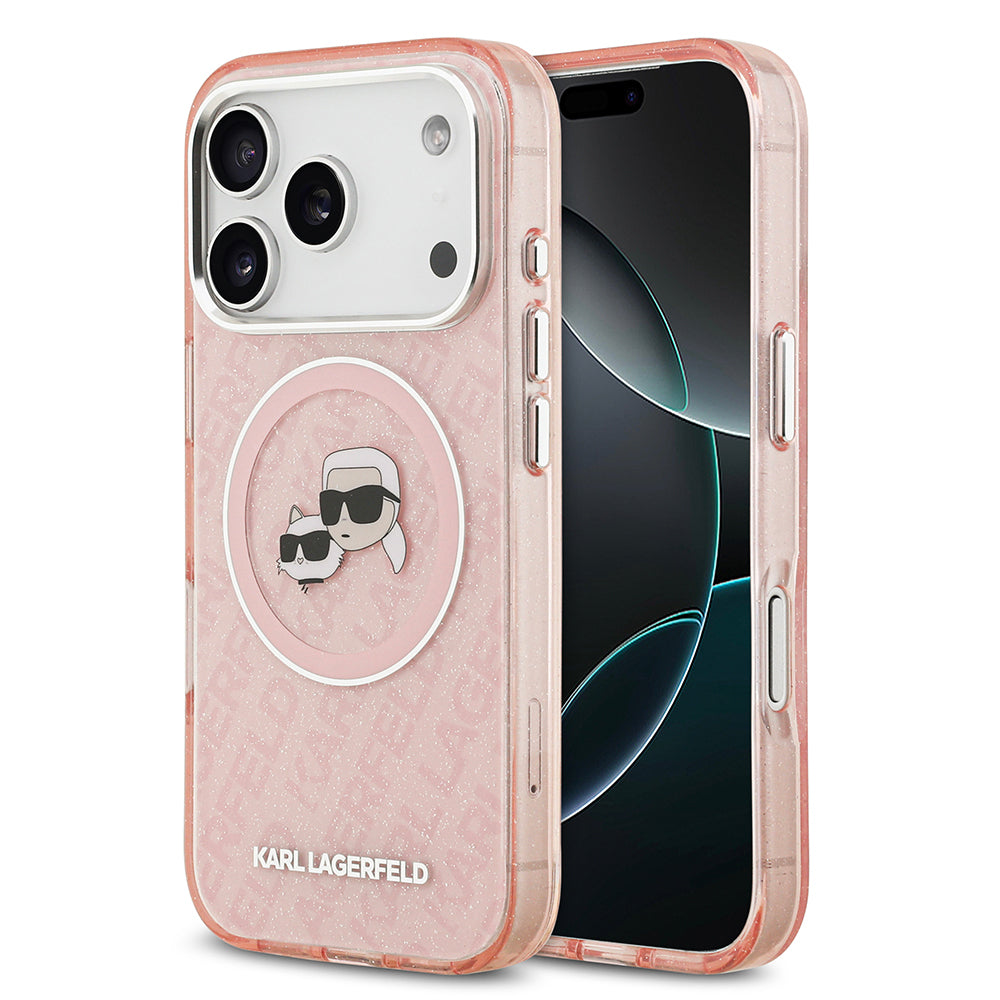 Apple iPhone 17 Pro Max Kılıf Karl Lagerfeld Orjinal Lisanslı Parlayan Simli Karl & Choupette Heads Kapak