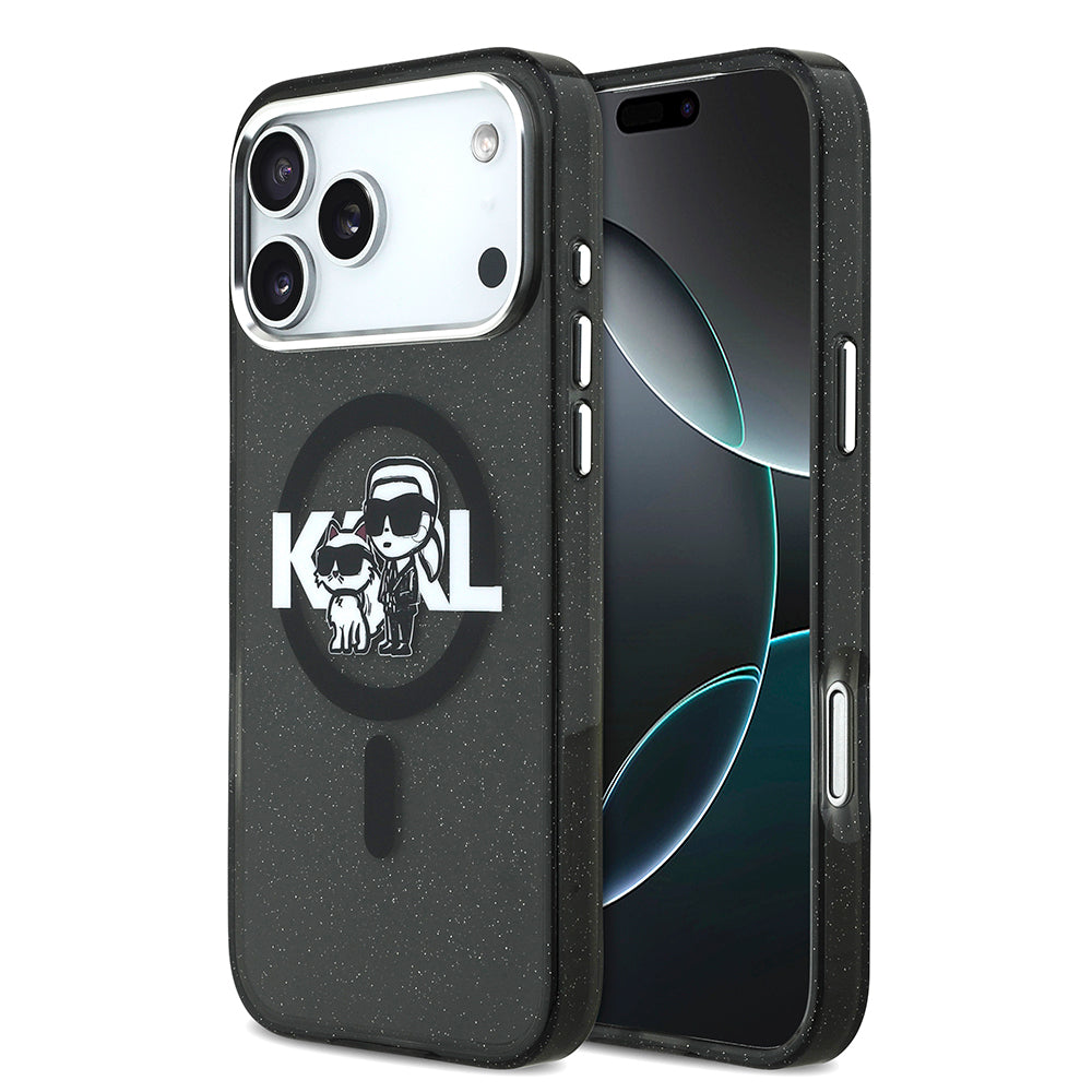 Apple iPhone 17 Pro Max Kılıf Karl Lagerfeld Orjinal Lisanslı Parlayan Simli Karl & Choupette Sketch Logo Kapak