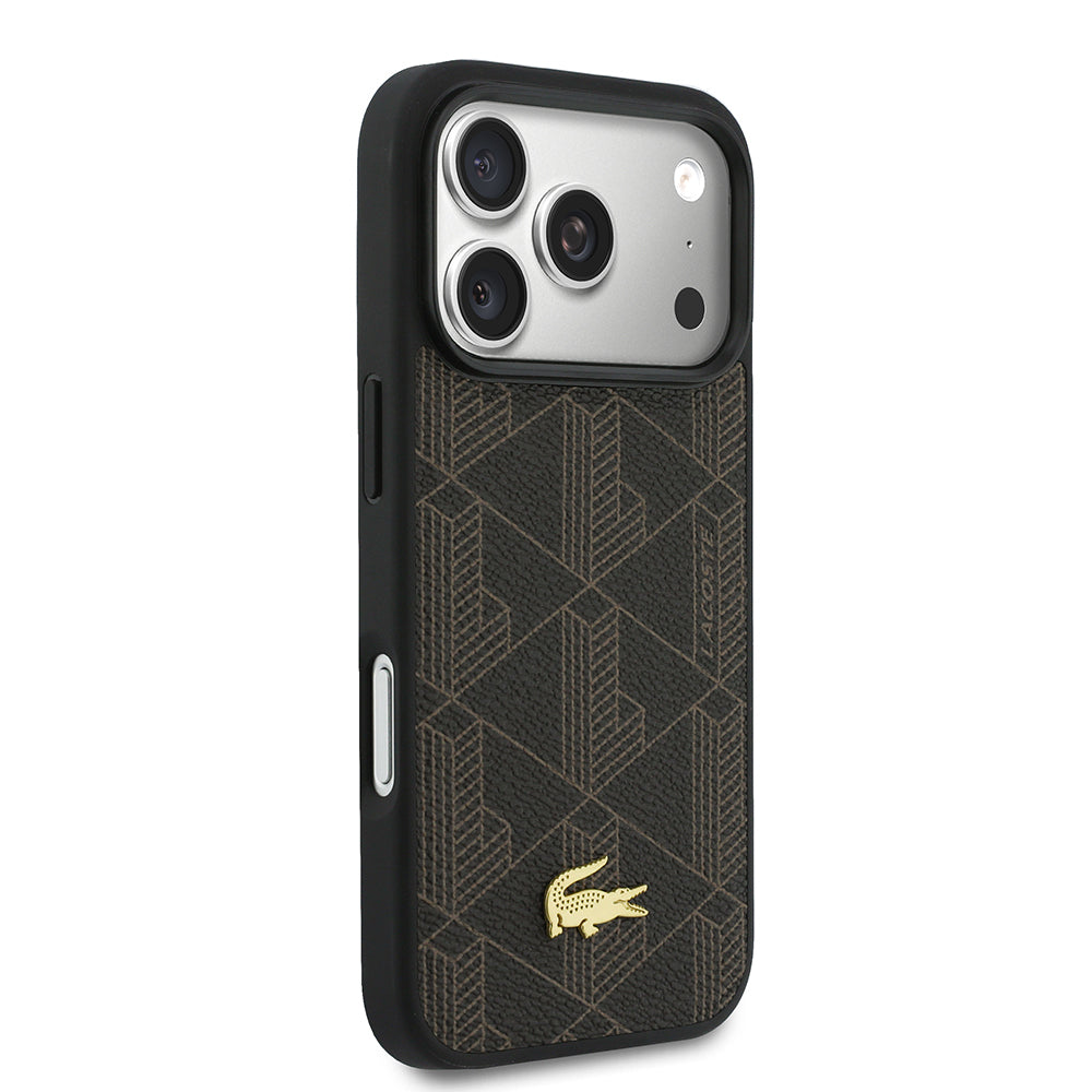 Apple iPhone 17 Pro Max Kılıf Lacoste Orjinal Lisanslı M-safe Şarj Özellikli PU Deri Tasarımlı Kartlıklı Karışık Monogram Desenli Kapak