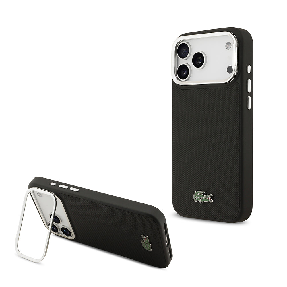 Apple iPhone 17 Pro Max Kılıf Lacoste Orjinal Lisanslı M-safe Şarj Özellikli PU Pike Desenli Standlı Metal Logolu Kapak