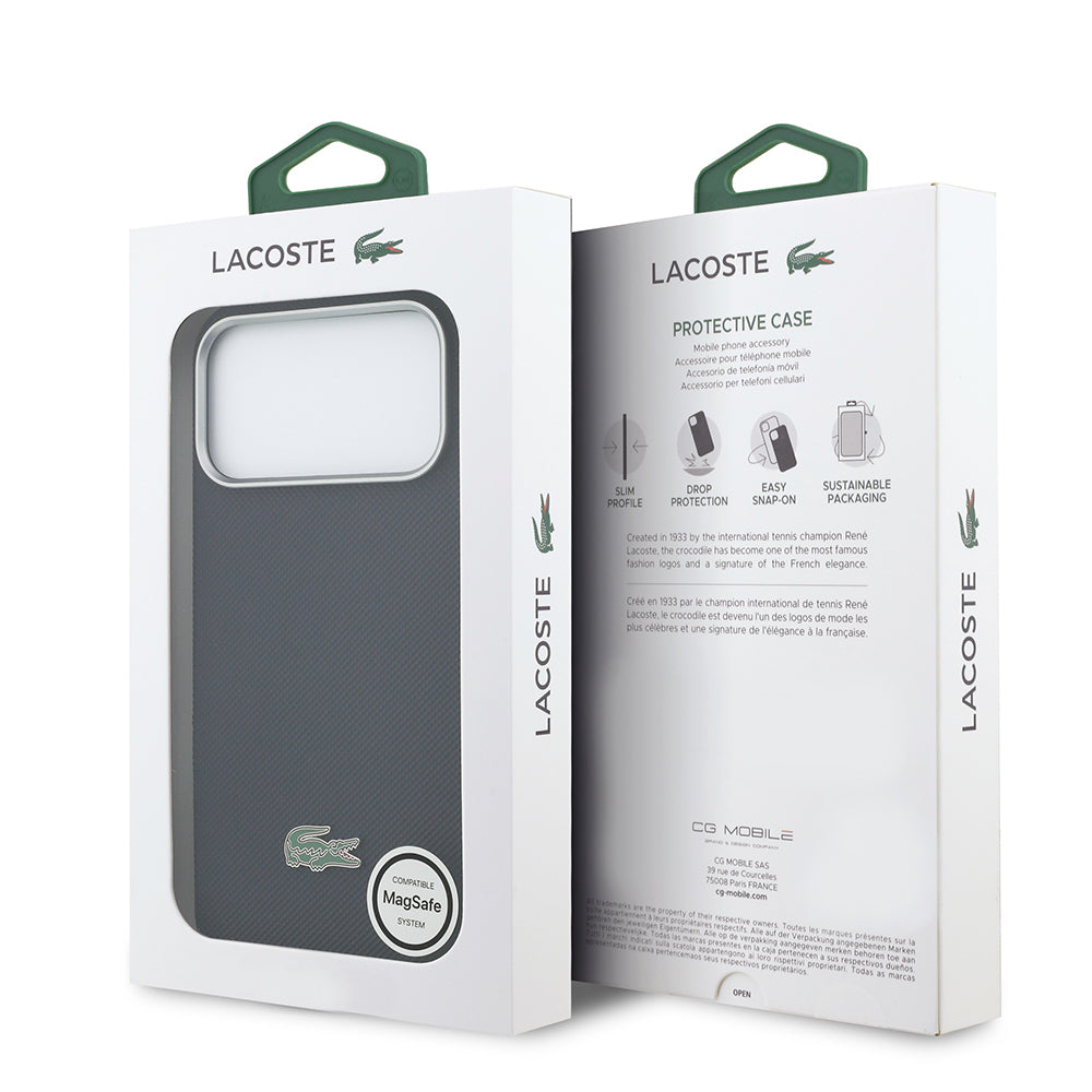 Apple iPhone 17 Pro Max Kılıf Lacoste Orjinal Lisanslı M-Safe Şarj Özellikli PVC Yarı Pike Desenli Arka Yüzey İkonik Timsah Dokuma Logolu Kapak