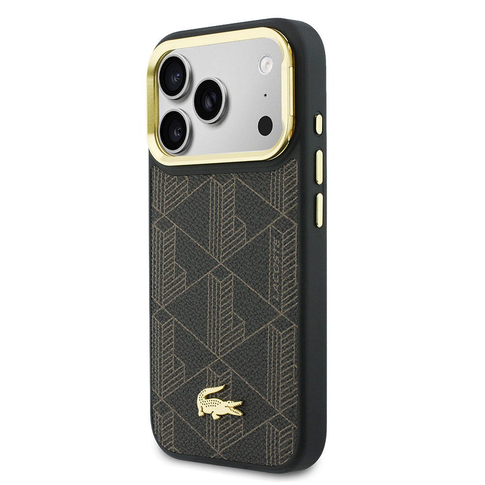 Apple iPhone 17 Pro Max Kılıf Lacoste Orjinal Lisanslı M-safe Şarj Özellikli Standlı PU Deri Karışık Monogram Desenli Kapak