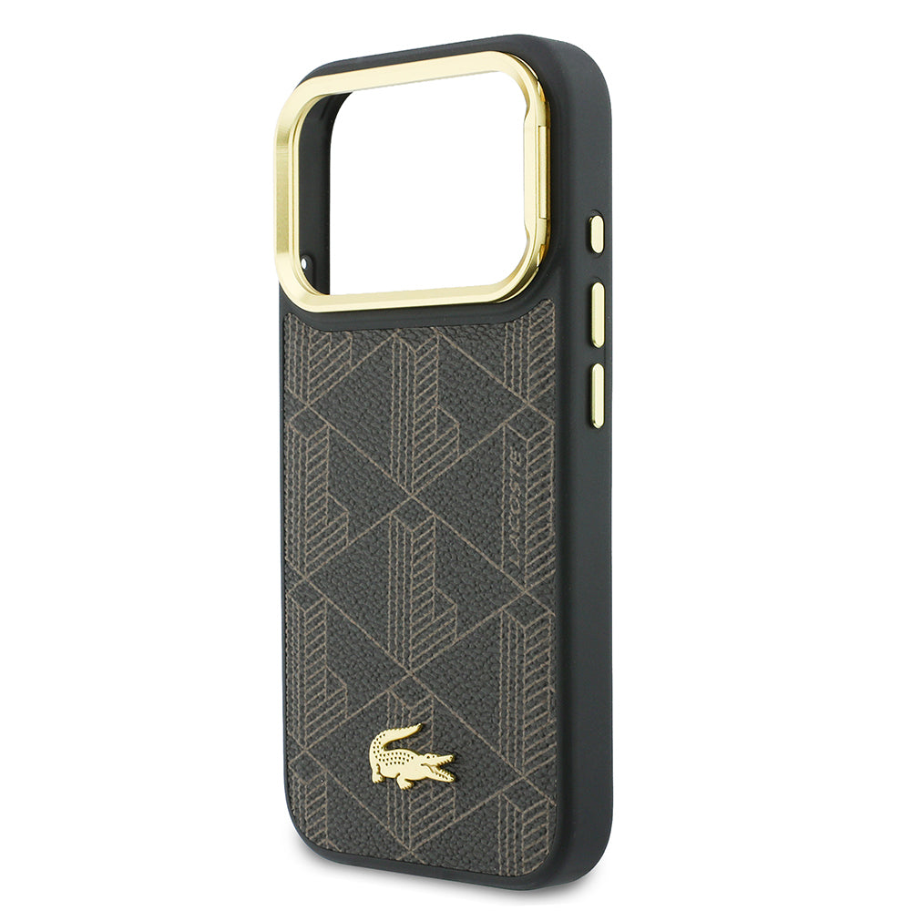 Apple iPhone 17 Pro Max Kılıf Lacoste Orjinal Lisanslı M-safe Şarj Özellikli Standlı PU Deri Karışık Monogram Desenli Kapak