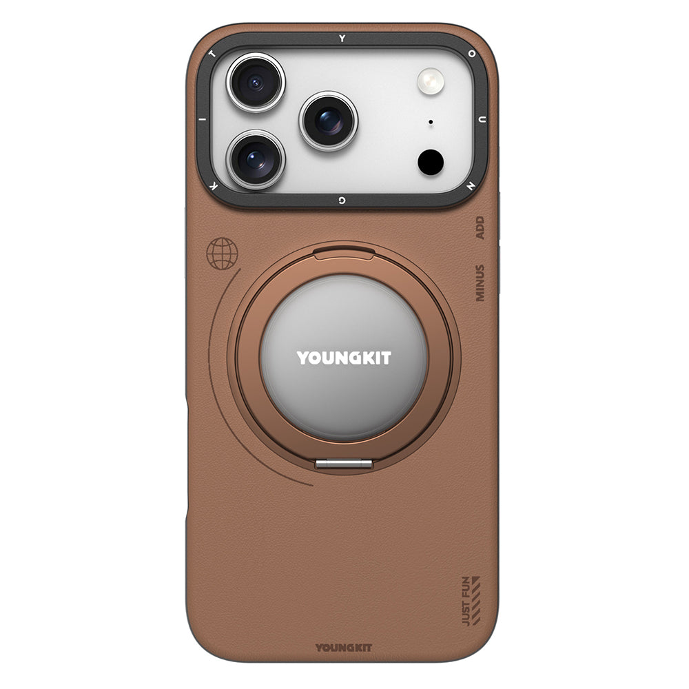 Apple iPhone 17 Pro Max Kılıf M-safe Şarj Özellikli 360 Derece Standlı Basit Mat Deri Desenli Youngkit Tech Leather Serisi Kapak