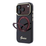 Apple iPhone 18 Pro Kılıf Guess Orjinal Lisanslı M-safe Şarj Özellikli 360 Derece Dönebilen Standlı Metal Yazı Logolu Silikon Kapak