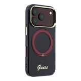 Apple iPhone 18 Pro Kılıf Guess Orjinal Lisanslı M-safe Şarj Özellikli 360 Derece Dönebilen Standlı Metal Yazı Logolu Silikon Kapak