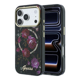 Apple iPhone 18 Pro Kılıf Guess Orjinal Lisanslı M-safe Şarj Özellikli Gül Desenli Simli Yazı Logolu Kapak