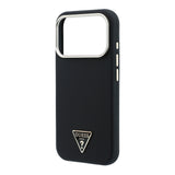 Apple iPhone 18 Pro Kılıf Guess Orjinal Lisanslı M-safe Şarj Özellikli PU Metal Üçgen Logolu Karbon Fiber Kevlar Kapak
