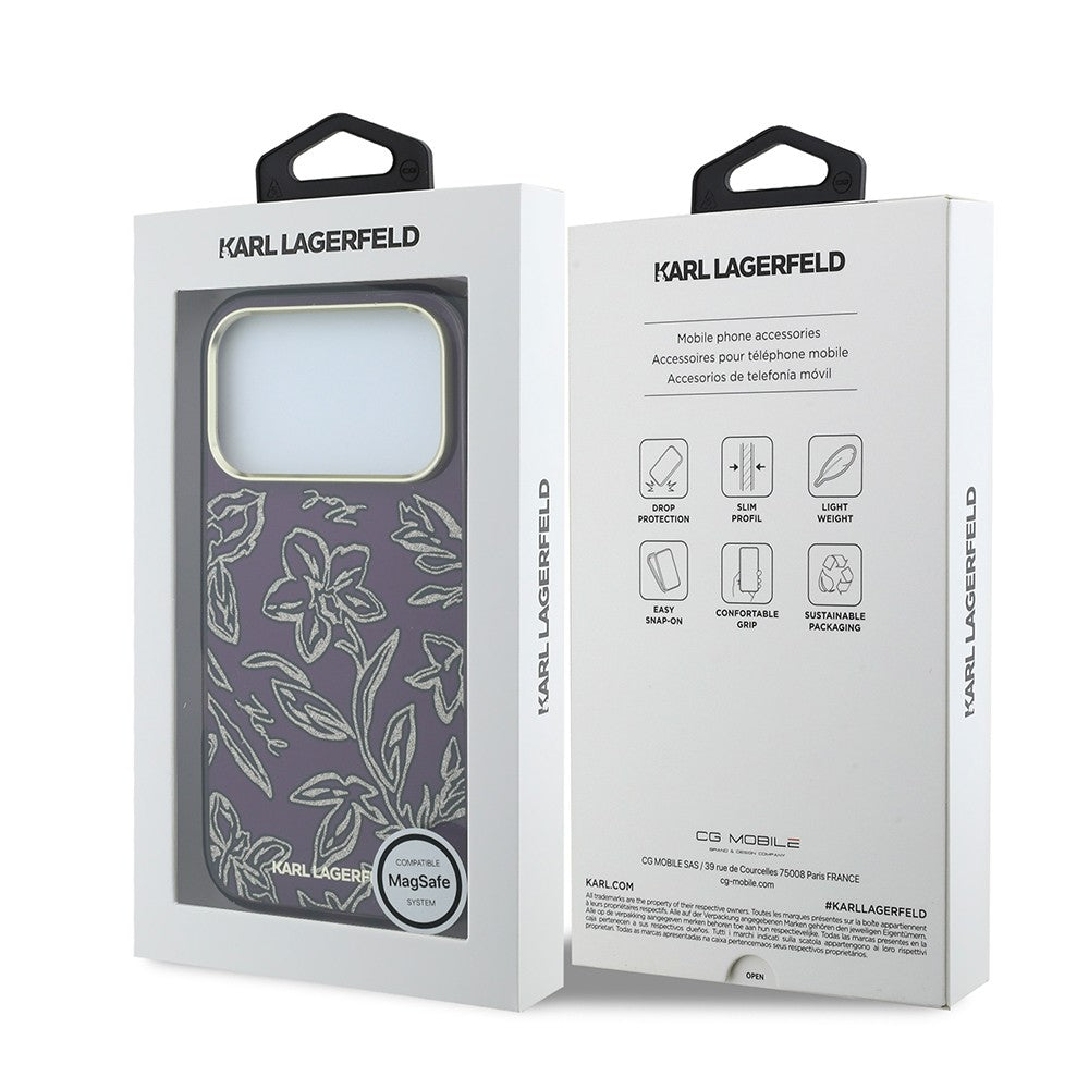 Apple iPhone 18 Pro Kılıf Karl Lagerfeld Orjinal Lisanslı M-safe Şarj Özellikli Gold Metal Kamera Çerçeveli Çiçek Tasarımlı Kapak