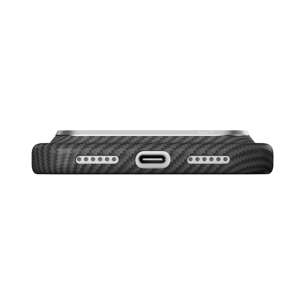 Apple iPhone 18 Pro Kılıf M-safe Şarj Özellikli 1500D Aramid Karbon Fiber Pitaka Ultra-Slim Classic Serisi Black-Grey Twill Kapak