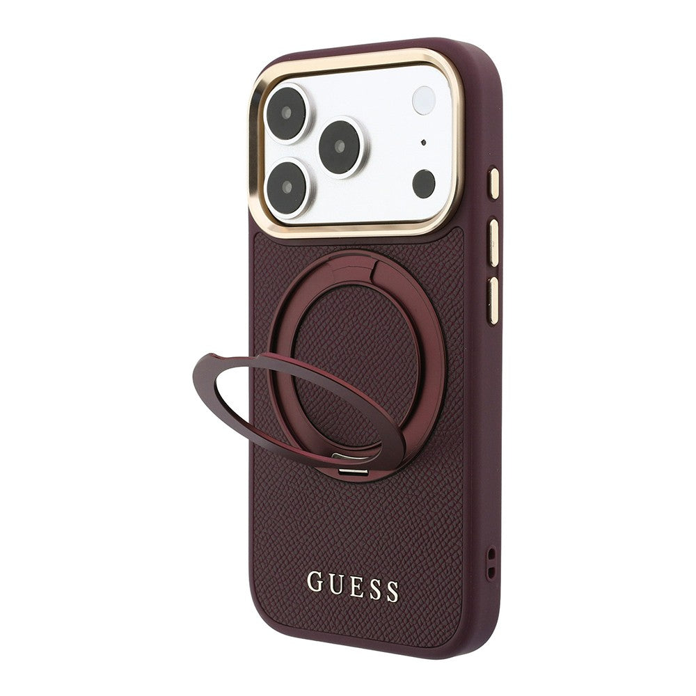 Apple iPhone 18 Pro Max Kılıf Guess Orjinal Lisanslı M-safe Şarj Özellikli 360 Derece Dönebilen Standlı PU Metal Yazı Logolu Kapak