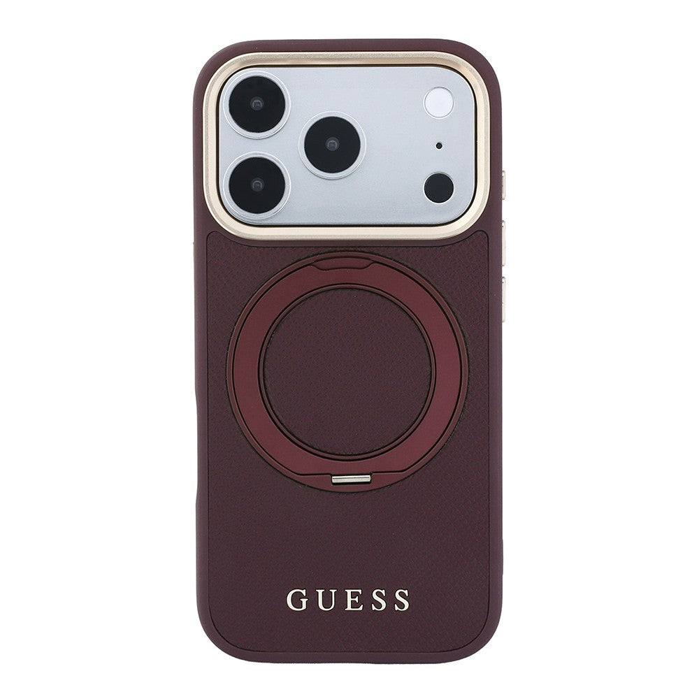 Apple iPhone 18 Pro Max Kılıf Guess Orjinal Lisanslı M-safe Şarj Özellikli 360 Derece Dönebilen Standlı PU Metal Yazı Logolu Kapak