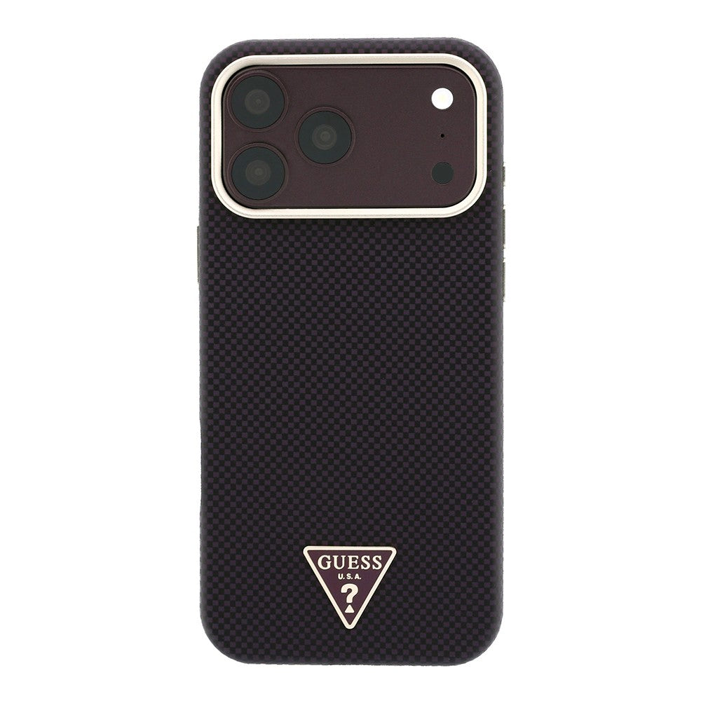 Apple iPhone 18 Pro Max Kılıf Guess Orjinal Lisanslı M-safe Şarj Özellikli PU Metal Üçgen Logolu Karbon Fiber Kevlar Kapak