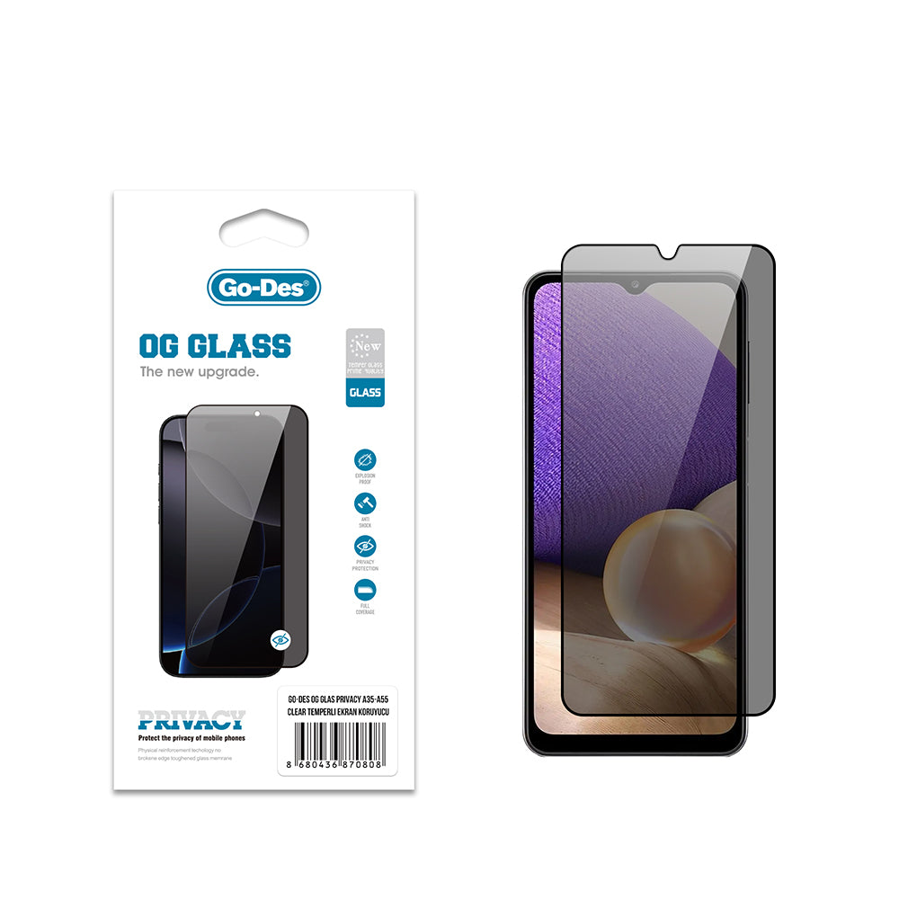 Galaxy A55 Go Des OG Glass Privacy Antistatik Temperli Cam Ekran Koruyucu