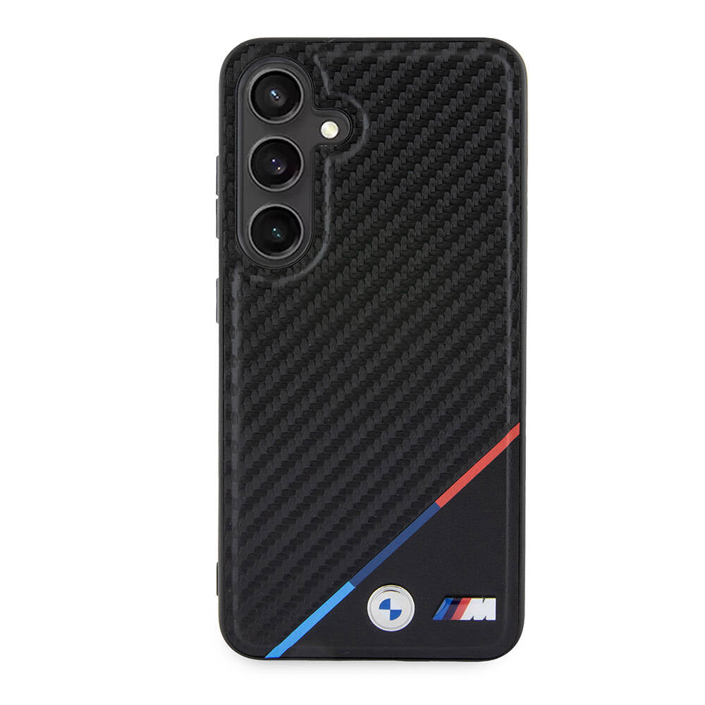 Galaxy S24 Kılıf BMW Orjinal Lisanslı M-safe Şarj Özellikli M Logolu Üç Çizgili PU Karbon Kapak