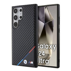 Galaxy S24 Ultra Kılıf BMW Orjinal Lisanslı M-safe Şarj Özellikli M Logolu Üç Çizgili PU Karbon Kapak