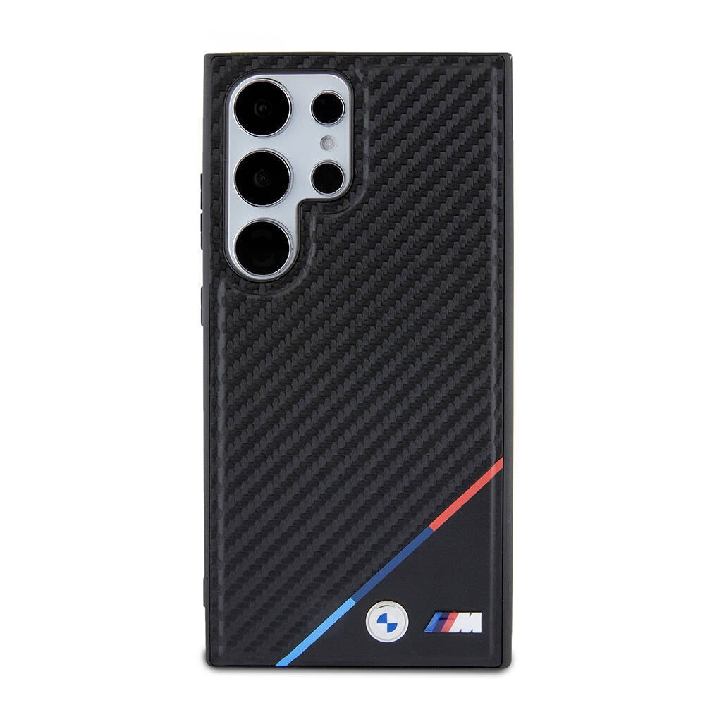Galaxy S24 Ultra Kılıf BMW Orjinal Lisanslı M-safe Şarj Özellikli M Logolu Üç Çizgili PU Karbon Kapak