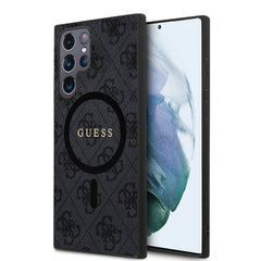 Galaxy S24 Ultra Kılıf Guess Orjinal Lisanslı M-safe Şarj Özellikli PU Halkalı 4G Desenli Yazı Logolu Kapak