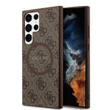 Galaxy S24 Ultra Kılıf Guess Orjinal Lisanslı M-safe Şarj Özellikli PU Halkalı 4G Desenli Yazı Logolu Kapak
