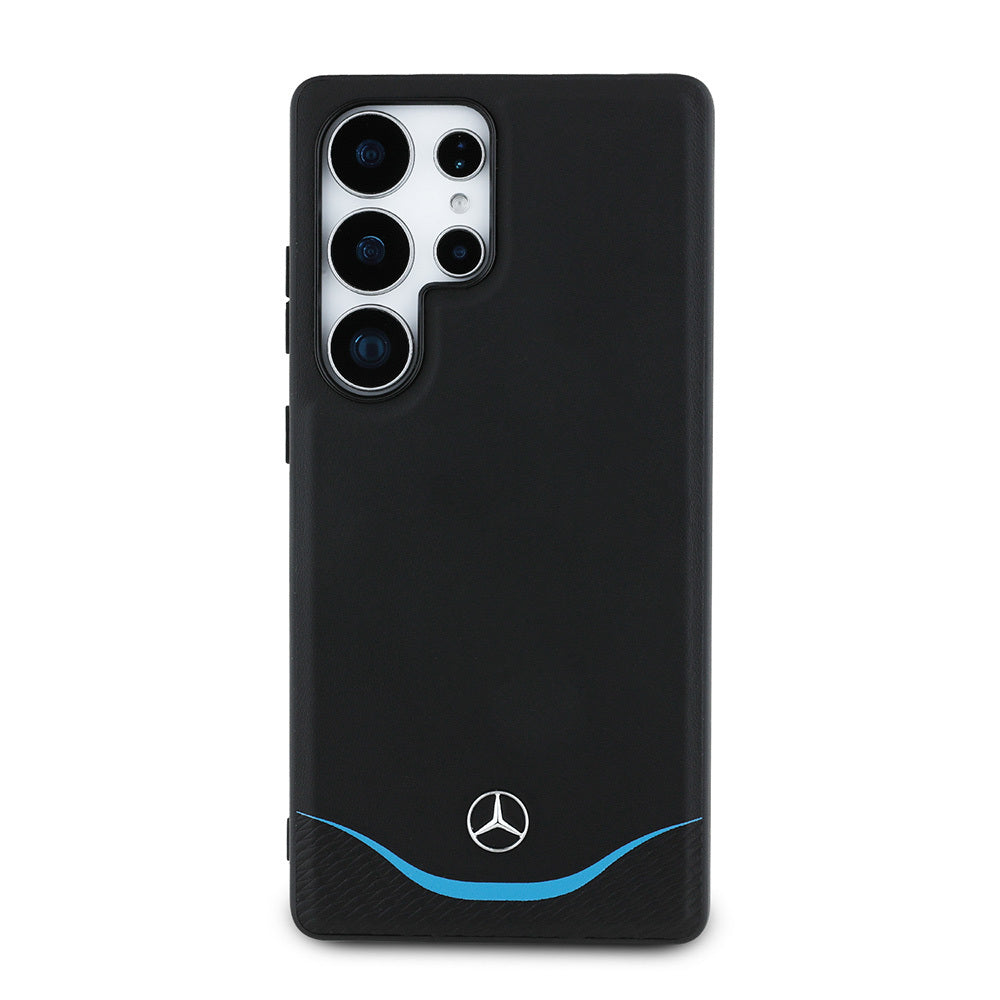Galaxy S25 Ultra Kılıf Mercedes Benz Orjinal Lisanslı M-safe Şarj Özellikli 3D Metal Logolu Mavi Yatay Eğri Çizgili Deri Kapak