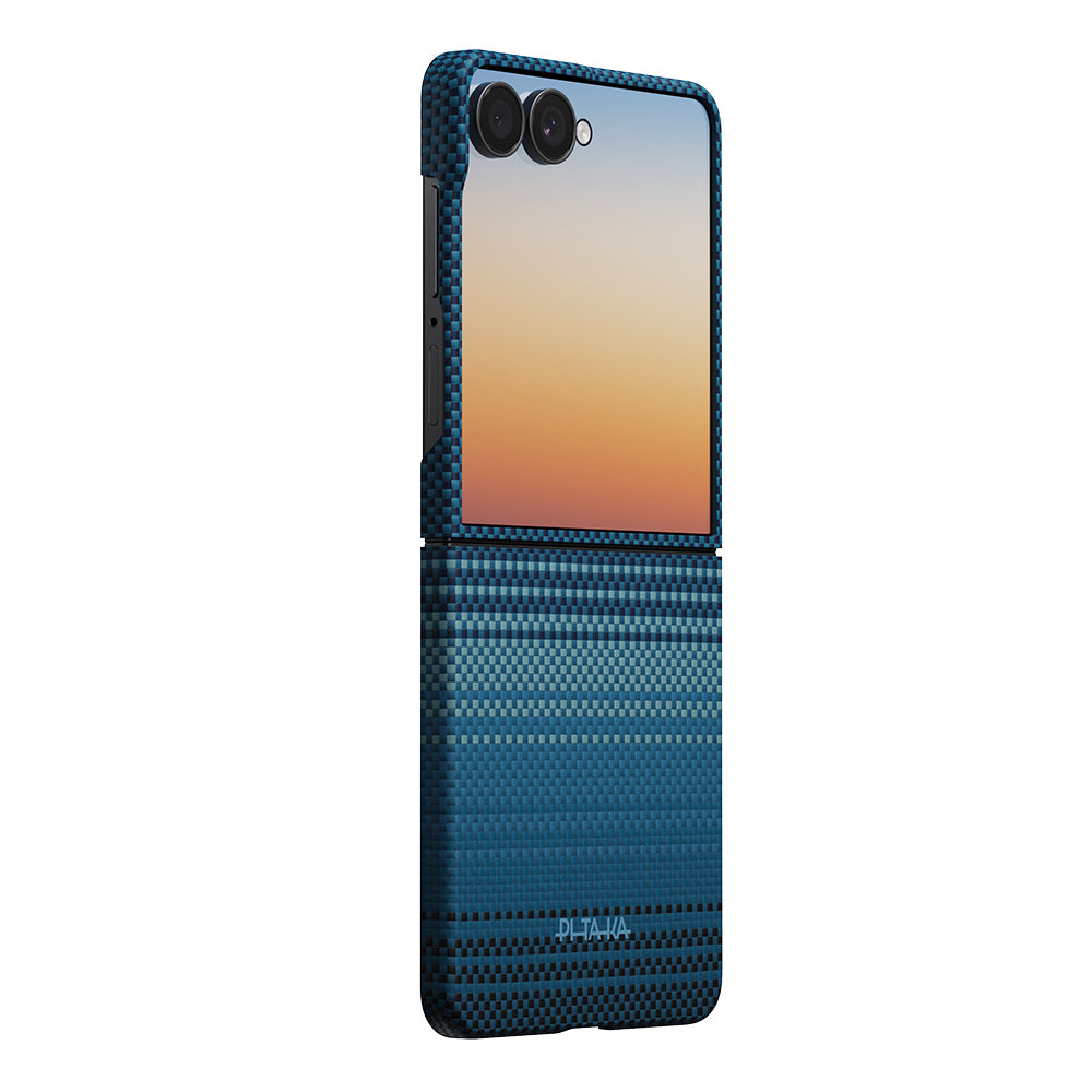 Galaxy Z Flip 8 Kılıf M-safe Şarj Özellikli Aramid Karbon Fiber Pitaka Tactile Woven Sunset-Moonrise Serisi Kapak