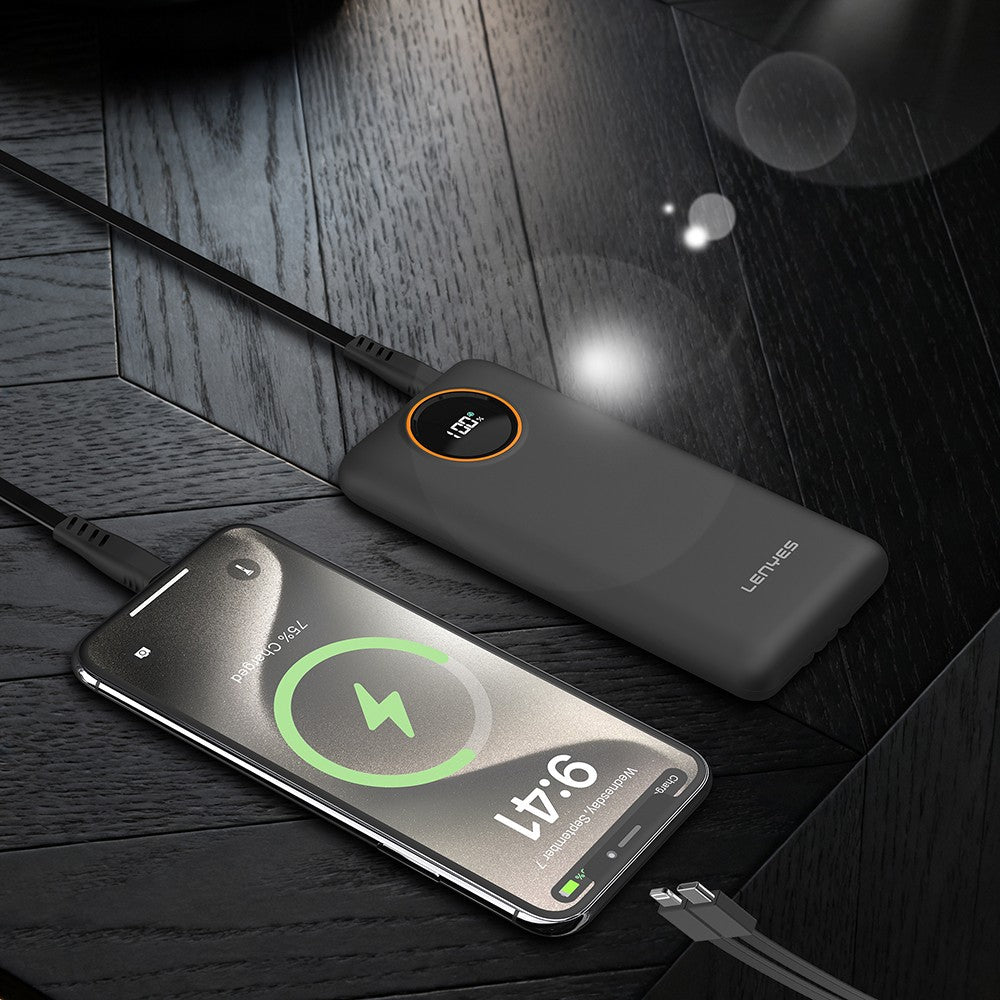 Lenyes P852L Dijital LED Göstergeli Type-C ve Lightning Kablolu Powerbank 22.5W 20000mAh