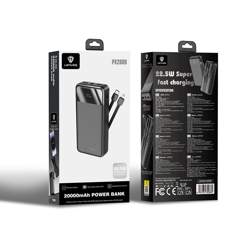 Lenyes PX280D Dijital LED Ekranlı Type-C ve Lightning Kablolu Powerbank 22.5W 20.000mAh