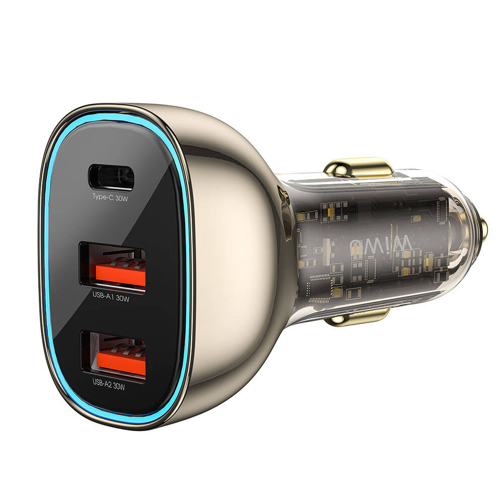 Wiwu Wi-QC013 Geek Serisi Type-C + Dual USB-A Hızlı Şarj Özellikli Transparan Tasarımlı Araç Şarj Aleti 90W